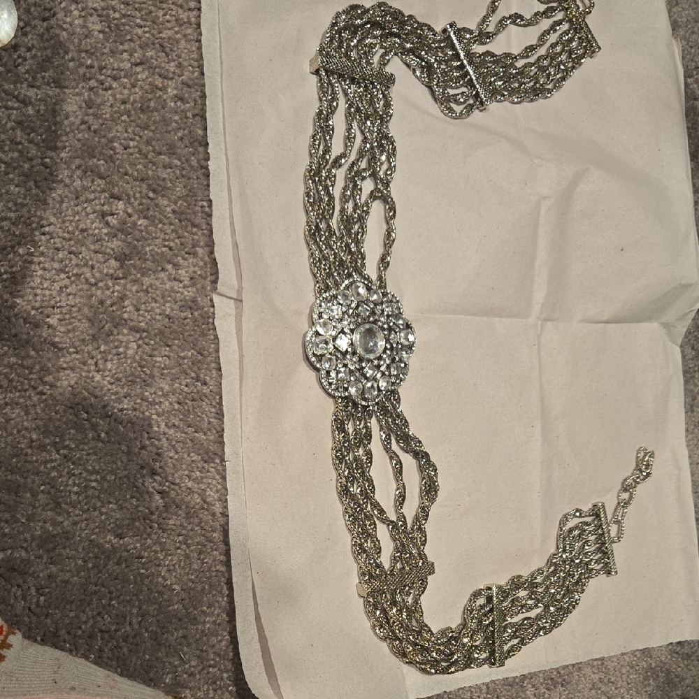 Elegant Silver Chain Belt with Crystal Flower.  Size S/m